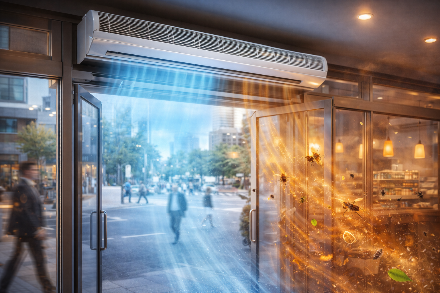 Cortina de aire instalada sobre la entrada de un local comercial