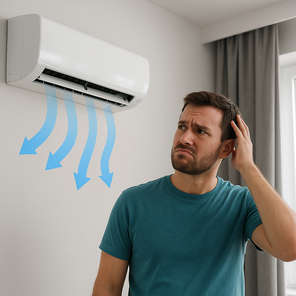 Persona frente a aire acondicionado con expresión de confusión, mostrando que el equipo no enfría.