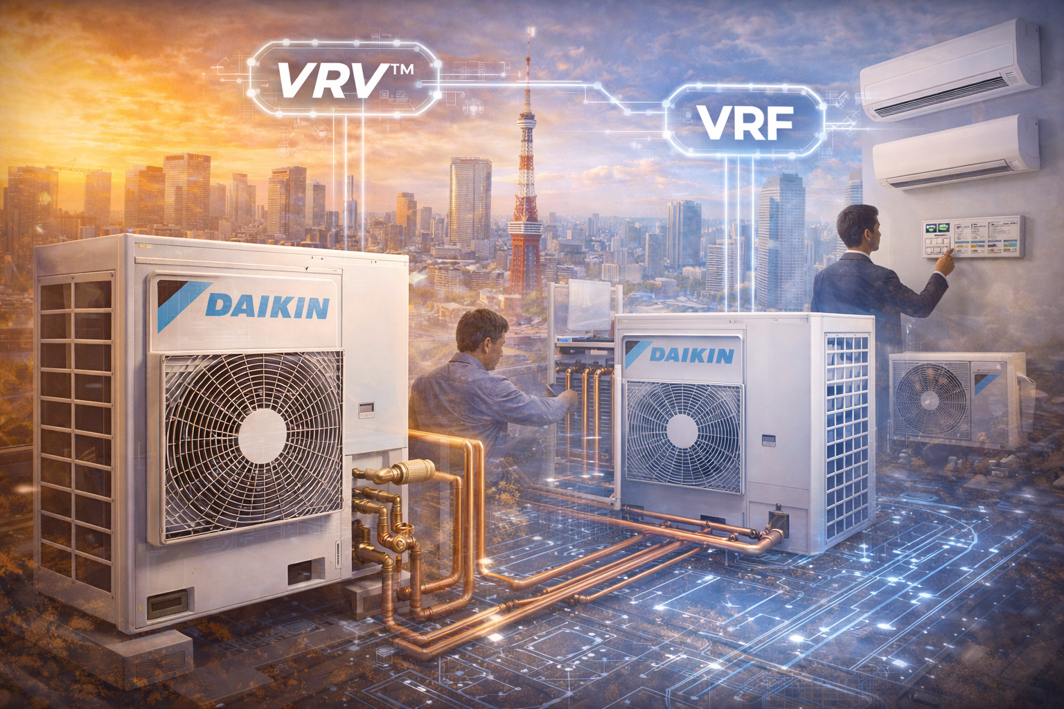 Sistema VRF comercial con unidades exteriores e interiores en un entorno urbano moderno