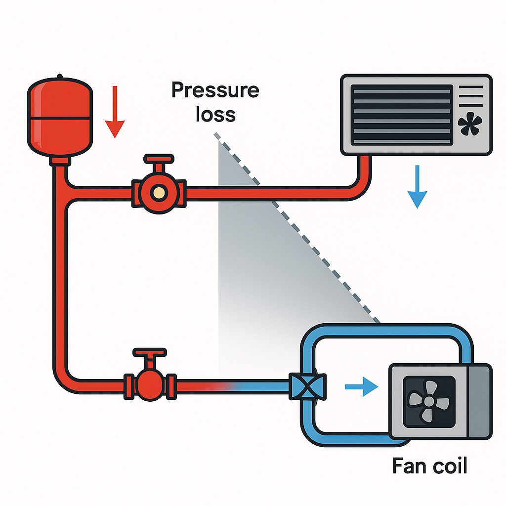 Diagrama de pérdida de presión en un sistema hidrónico con bomba, válvulas y fan coils.