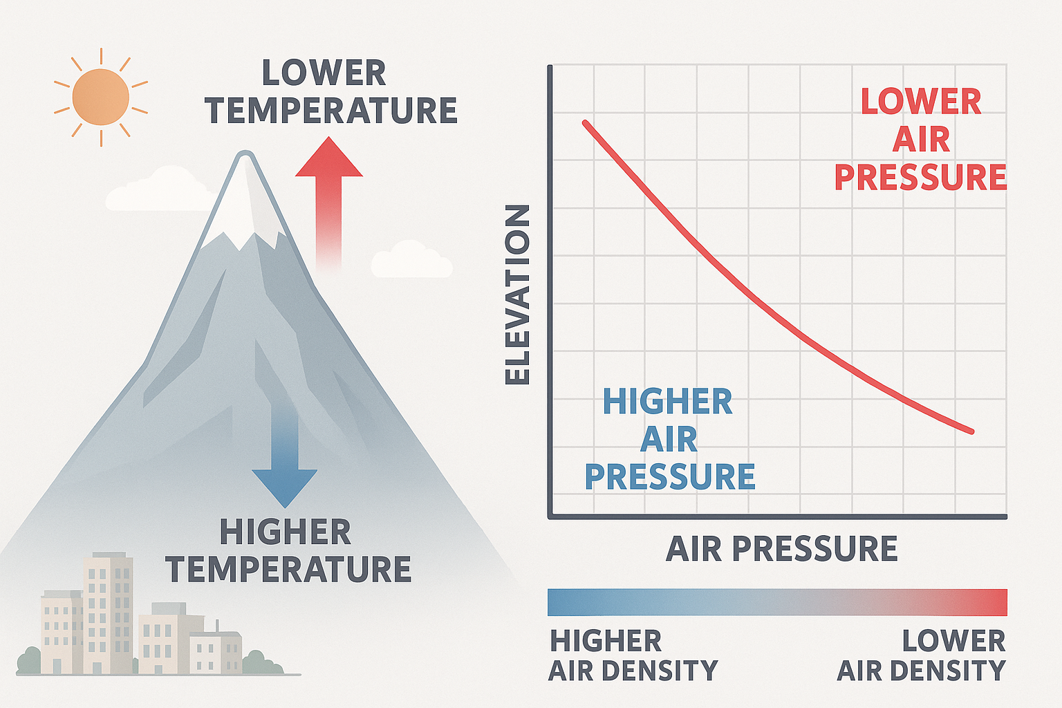 Infografía sobre cómo la altitud reduce la presión y densidad del aire, afectando el rendimiento y la transferencia de calor en sistemas de aire acondicionado.