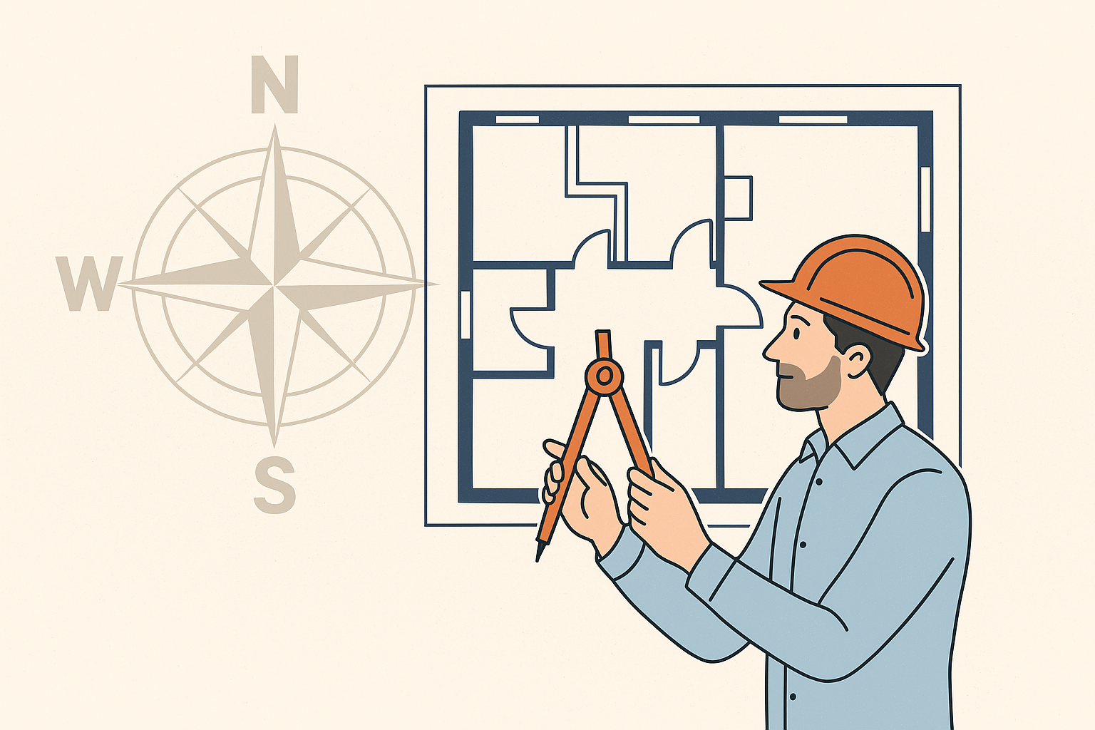 Ilustración de ingeniero analizando planos arquitectónicos con una rosa de los vientos, destacando la orientación para el diseño HVAC eficiente.