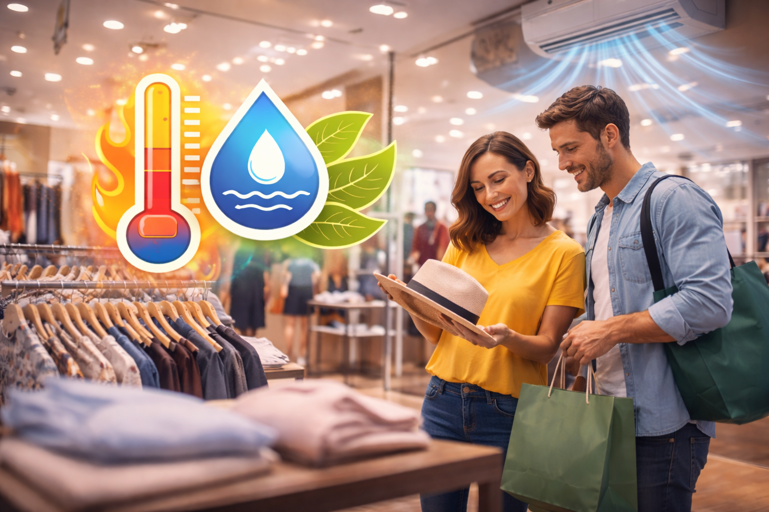 Clientes comprando cómodamente en una tienda de ropa con ambiente climatizado, mostrando cómo un buen sistema HVAC mejora el confort, prolonga la permanencia y favorece una experiencia de compra positiva en retail.