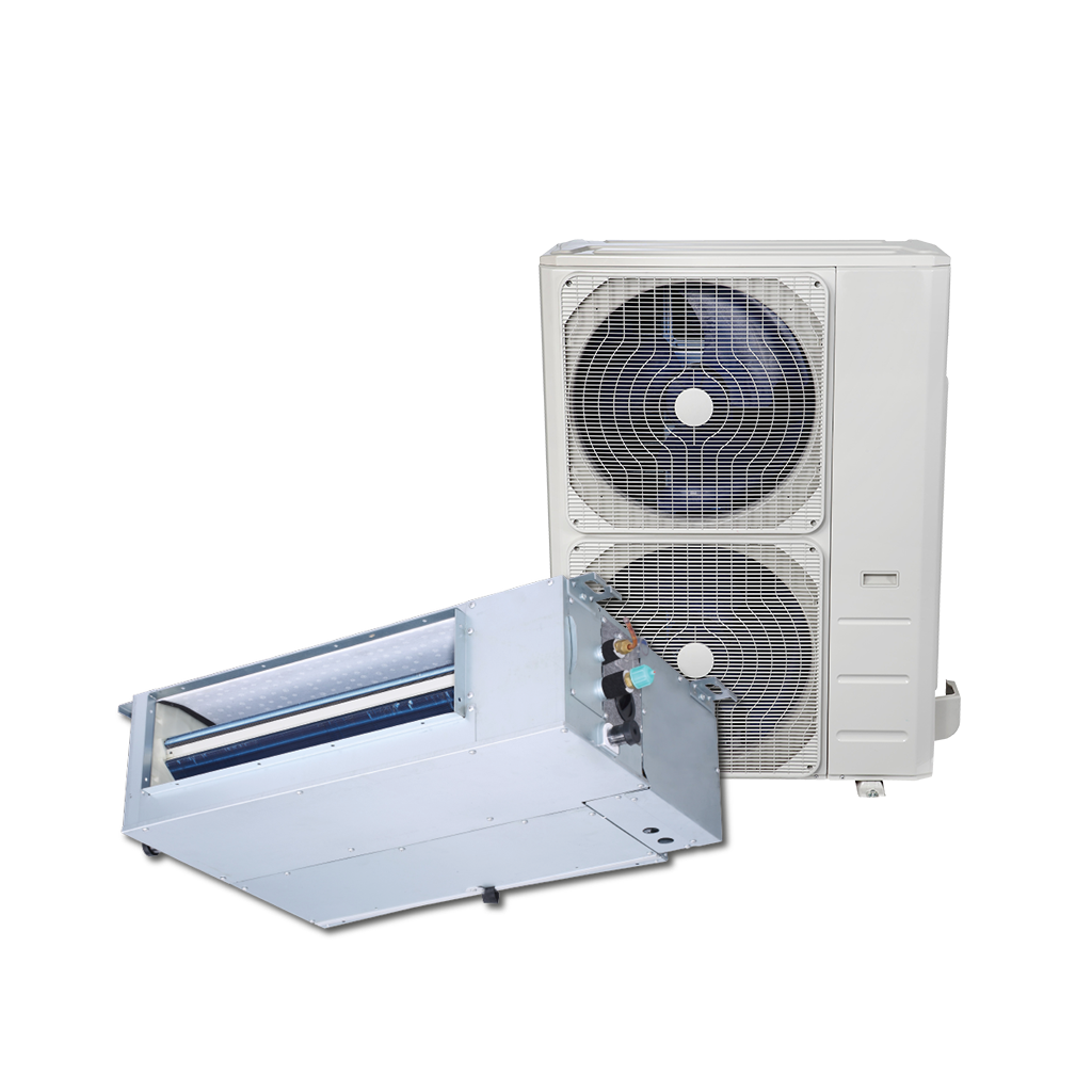 Un aire acondicionado blanco está sentado junto a un ventilador sobre un fondo blanco.