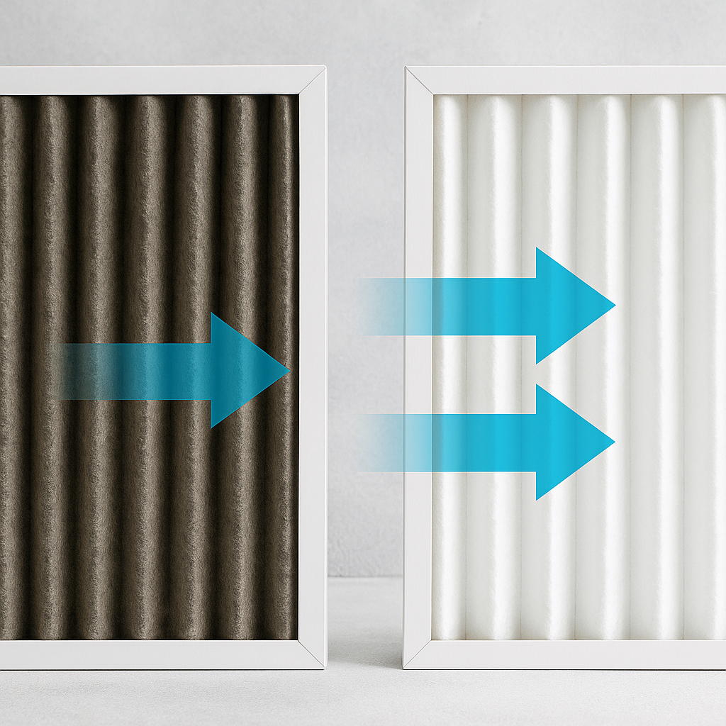 Filtro de aire sucio vs limpio con flujo de aire ilustrado.