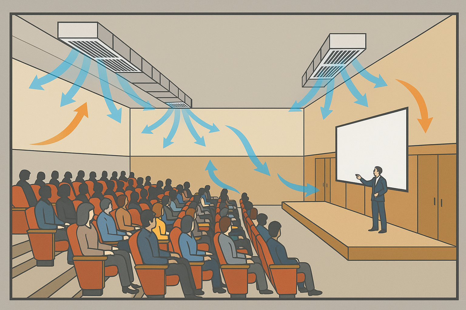 auditorio mostrando la distribución de aire y zonas térmicas.