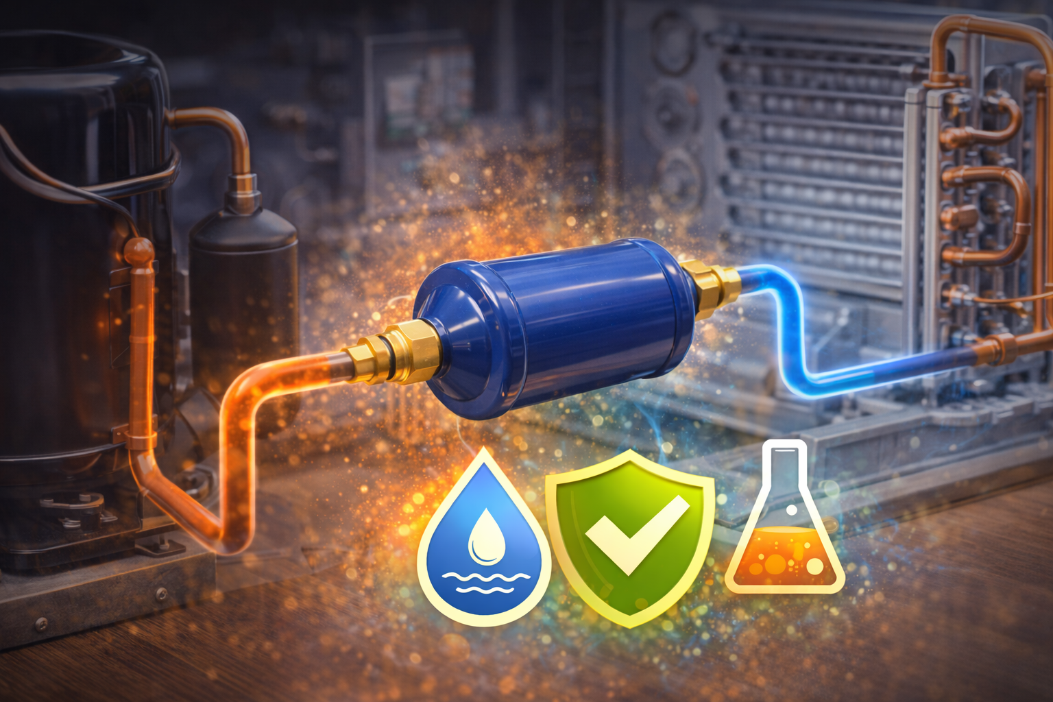 Filtro deshidratador integrado en el circuito de refrigeración de un sistema HVAC, mostrando su función para retener humedad, ácidos y partículas antes de que dañen componentes como el compresor, el serpentín y la válvula de expansión.