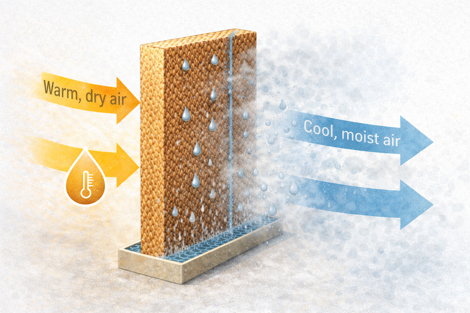 Ilustración del funcionamiento del aire lavado donde el aire caliente y seco atraviesa paneles evaporativos humedecidos, reduciendo su temperatura y aumentando la humedad mediante evaporación.