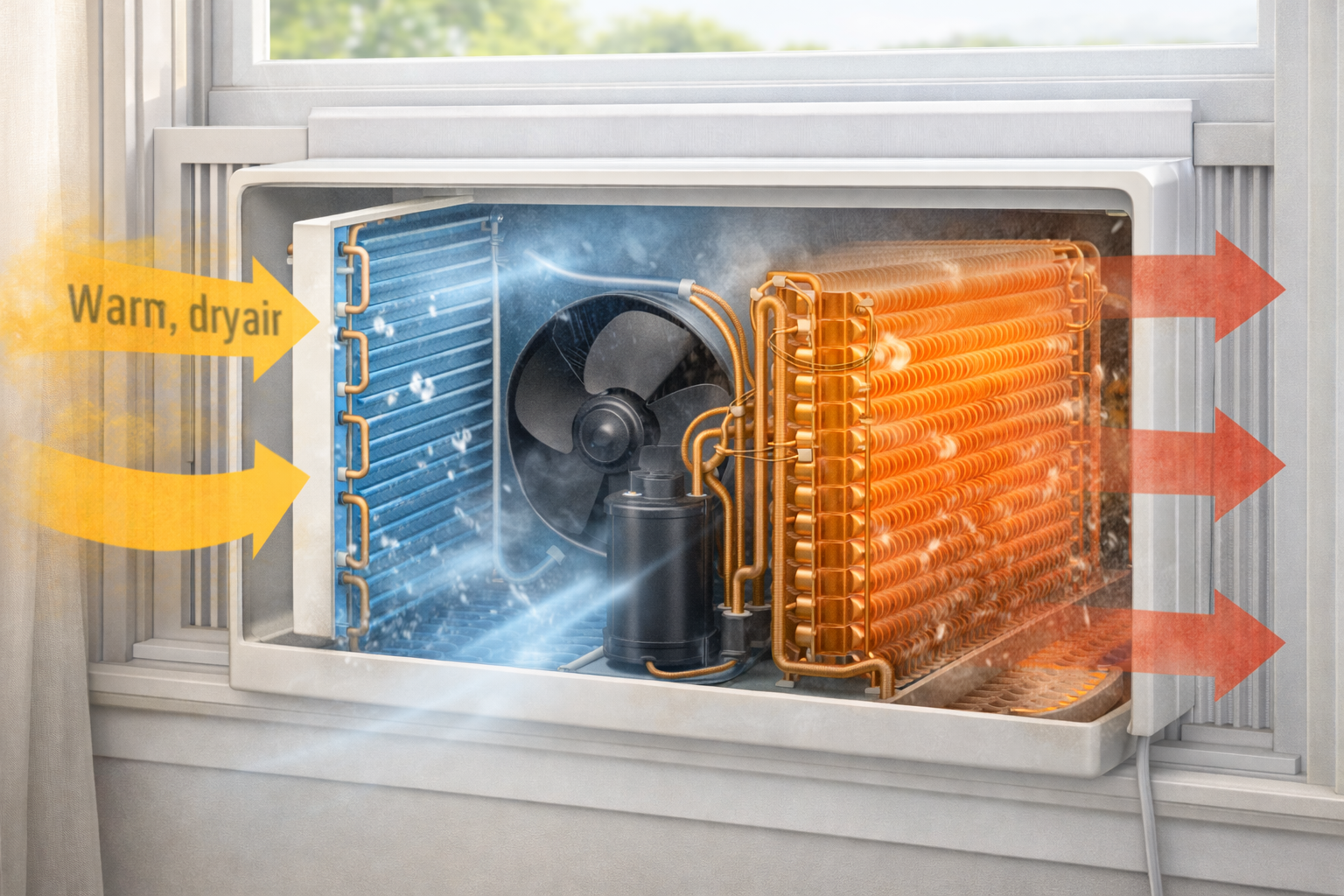 Ilustración del funcionamiento interno de una unidad de aire acondicionado tipo ventana, mostrando evaporador, compresor y condensador trabajando juntos para extraer el calor del interior y expulsarlo al exterior.