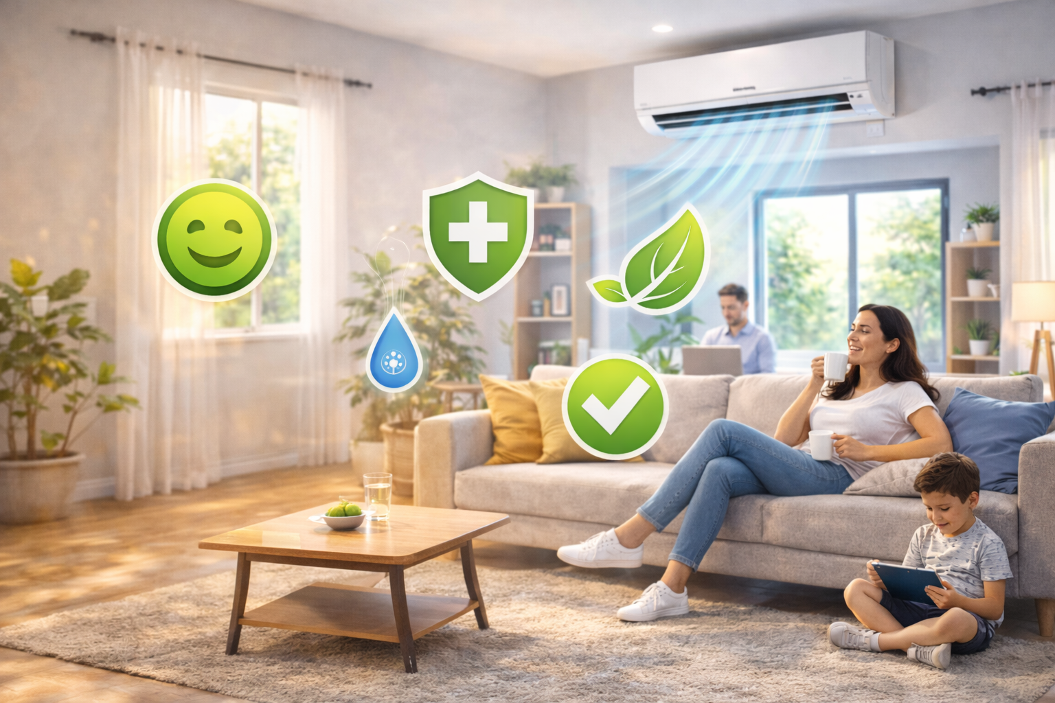 Familia disfrutando un ambiente interior fresco y confortable con aire acondicionado funcionando