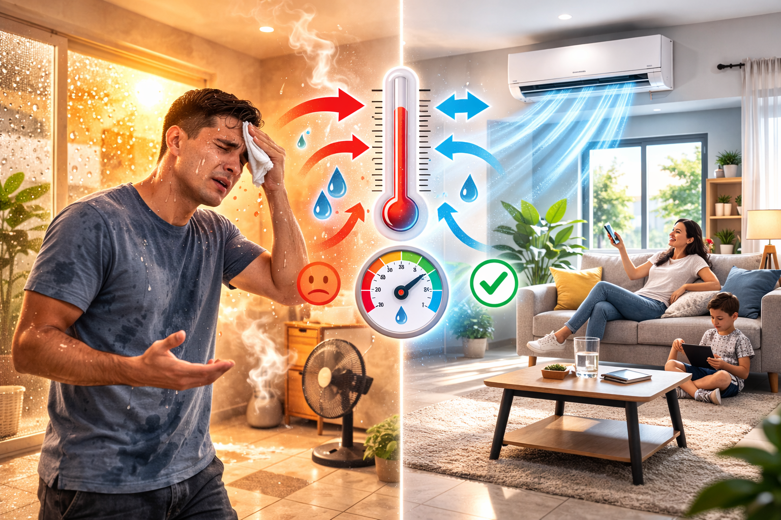 Sala de estar confortable con sistema de aire acondicionado y medidor indicando humedad relativa