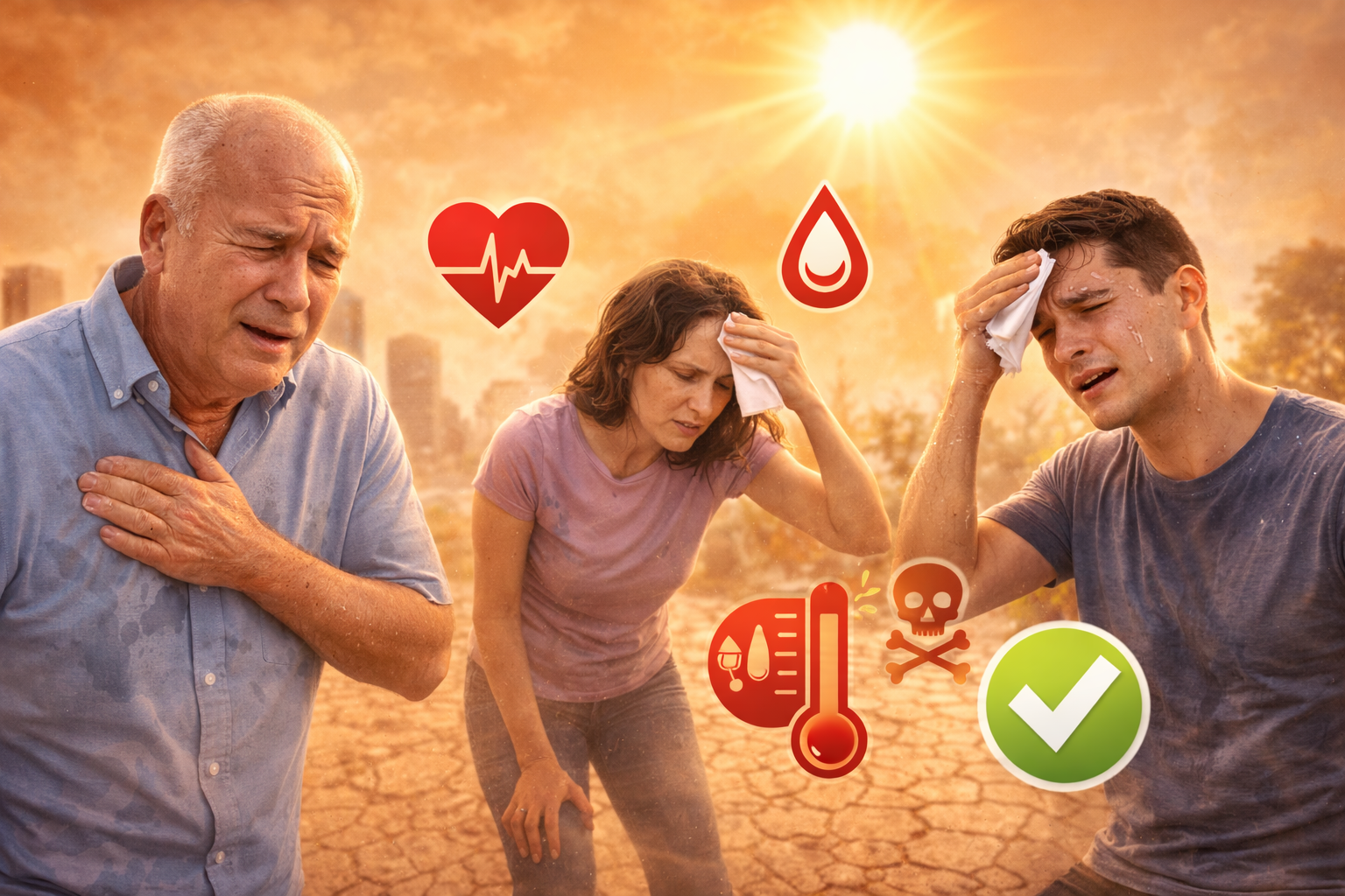 Personas expuestas a ola de calor con signos de deshidratación y estrés térmico bajo altas temperaturas, ilustrando los riesgos para la salud cuando no se cuenta con climatización adecuada.