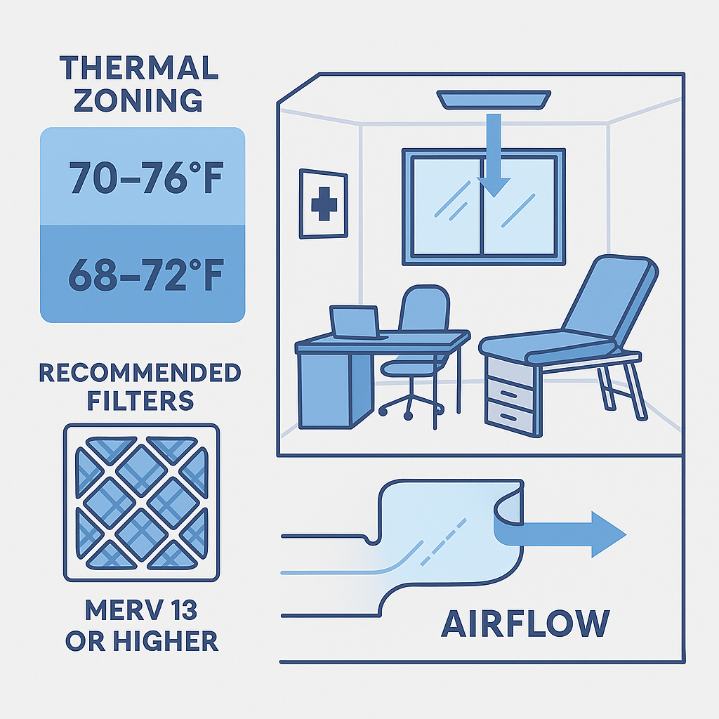 Infografía con zonificación térmica, filtros recomendados y flujo de aire en un consultorio tipo.