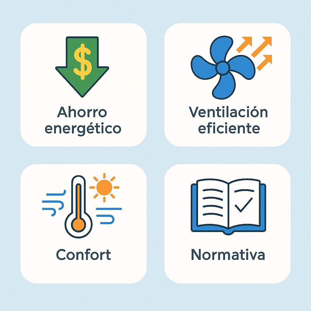 Infografía con beneficios del recuperador de calor: ahorro energético, ventilación eficiente, confort y normativa.