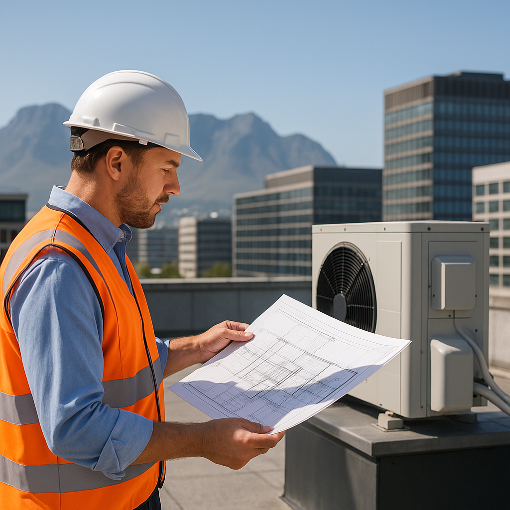 Ingeniero HVAC revisando planos en una azotea a gran altitud junto a una unidad exterior