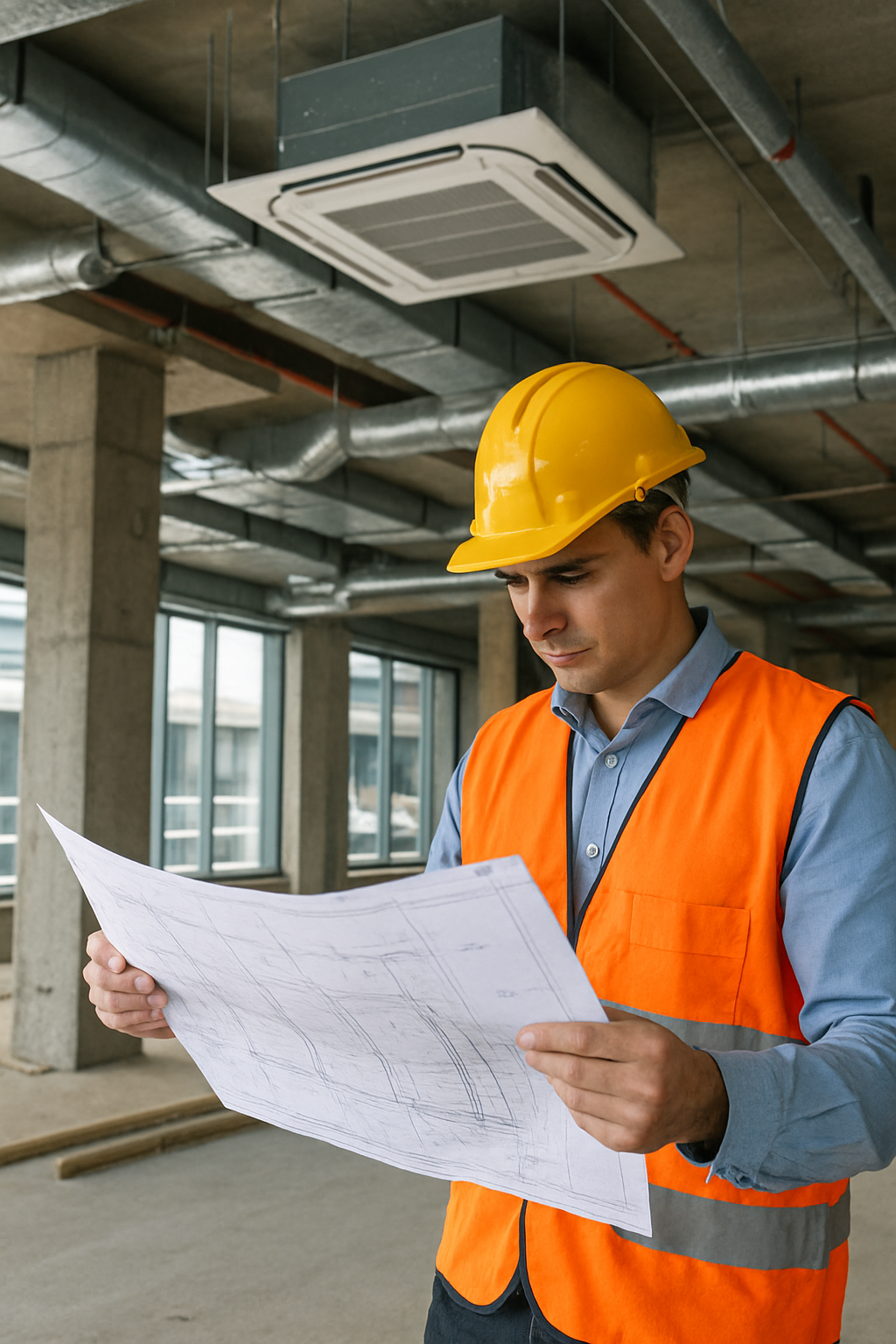 Ingeniero de obra inspeccionando planos de instalación HVAC en un edificio en construcción, con ductería expuesta y unidad de cassette integrada en el techo.