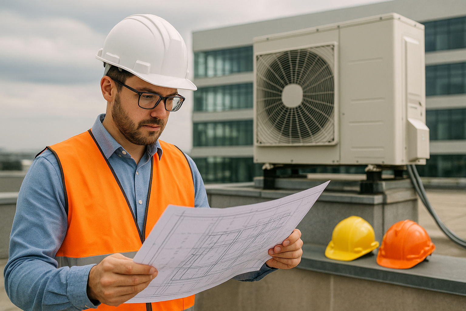 Ingeniero eléctrico revisando planos frente a unidad HVAC en azotea de edificio corporativo.