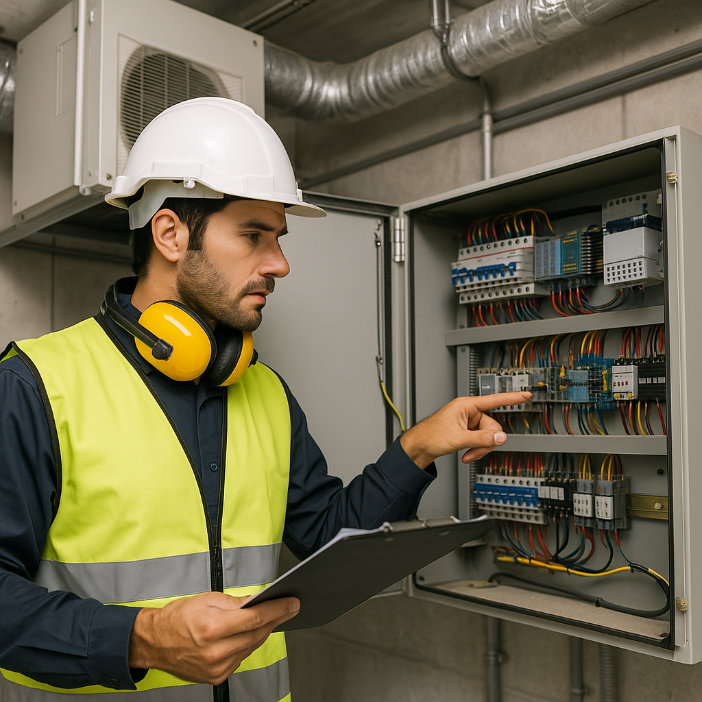 Ingeniero eléctrico inspeccionando panel de control HVAC con cableado expuesto, asegurando protecció