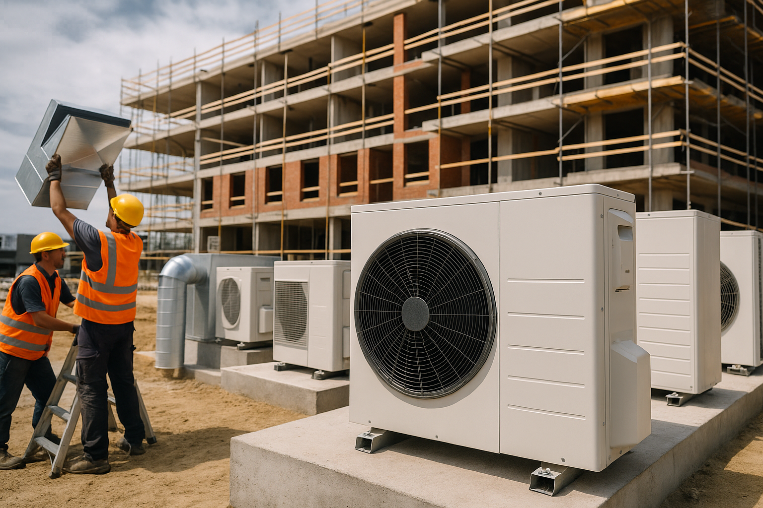 Instalación de sistemas de aire acondicionado y ventilación en obra en construcción, mostrando equipos HVAC y trabajadores durante el montaje.