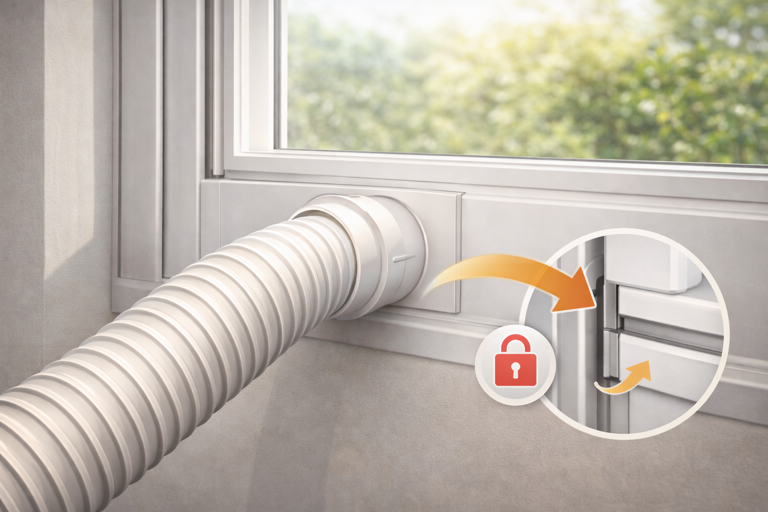 Instalación correcta del ducto flexible de una unidad portátil de aire acondicionado en una ventana residencial, mostrando el sellado adecuado para expulsar el aire caliente al exterior y mejorar la eficiencia del equipo.