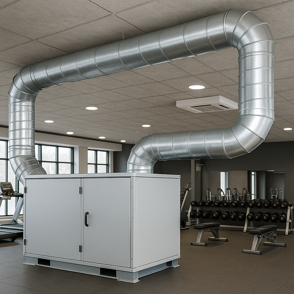 Manejadora de aire o rooftop con conductos distribuyendo el aire en espacio de gimnasio.