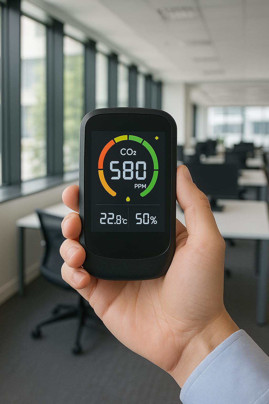 Persona usando un medidor de CO₂ en una oficina moderna.