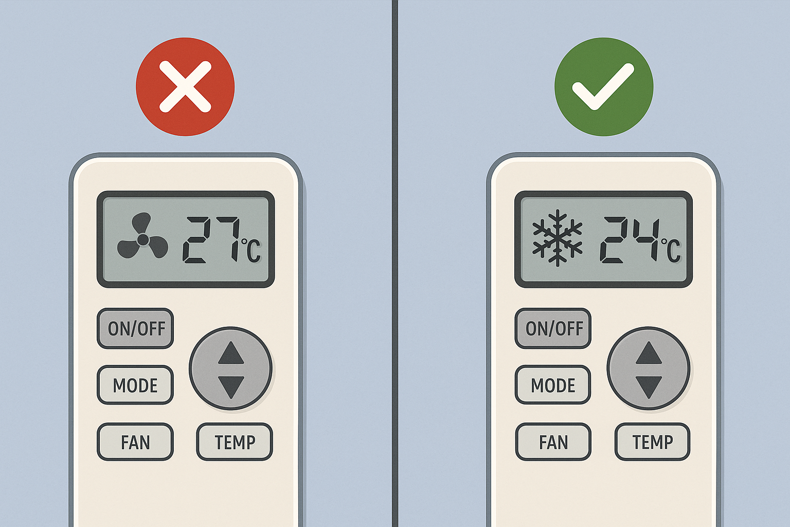 Control remoto con modo incorrecto (ventilador) y configuración ideal.