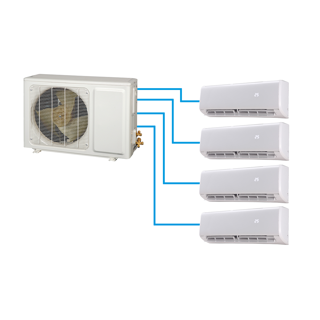 Un diagrama de un aire acondicionado multisplit con cuatro aires acondicionados conectados.