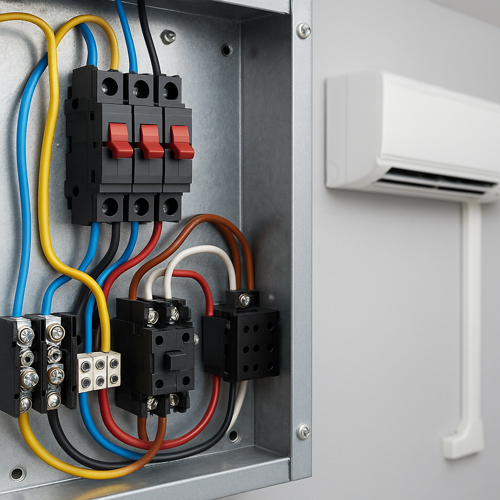 Panel eléctrico con interruptores, terminales y cableado especializado para la instalación de sistemas HVAC, usado en proyectos de ingeniería eléctrica.