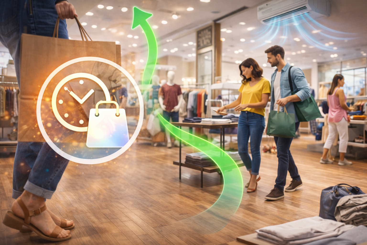 Clientes recorriendo una tienda de ropa en un ambiente confortable y climatizado, representando cómo un buen sistema HVAC favorece mayor tiempo de permanencia, exploración de productos y una experiencia de compra más efectiva en retail.