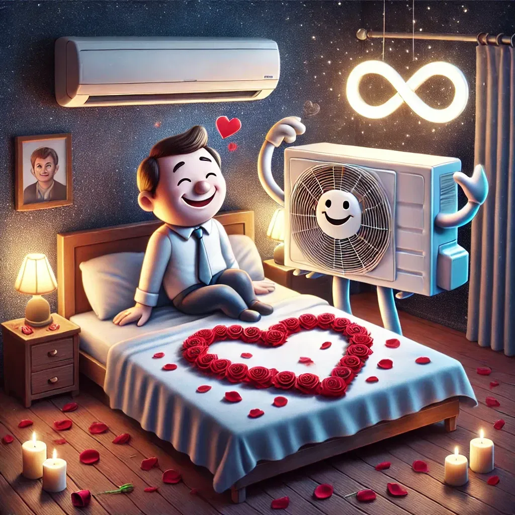 Un hombre y su aire acondicionado en su luna de miel, en la recámara romántica con pétalos de rosa formando un corazón y el símbolo del infinito dentro de un corazón.