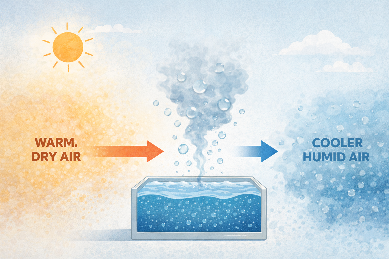 Refrigeración por evaporación donde el aire caliente y seco pierde calor al pasar sobre agua