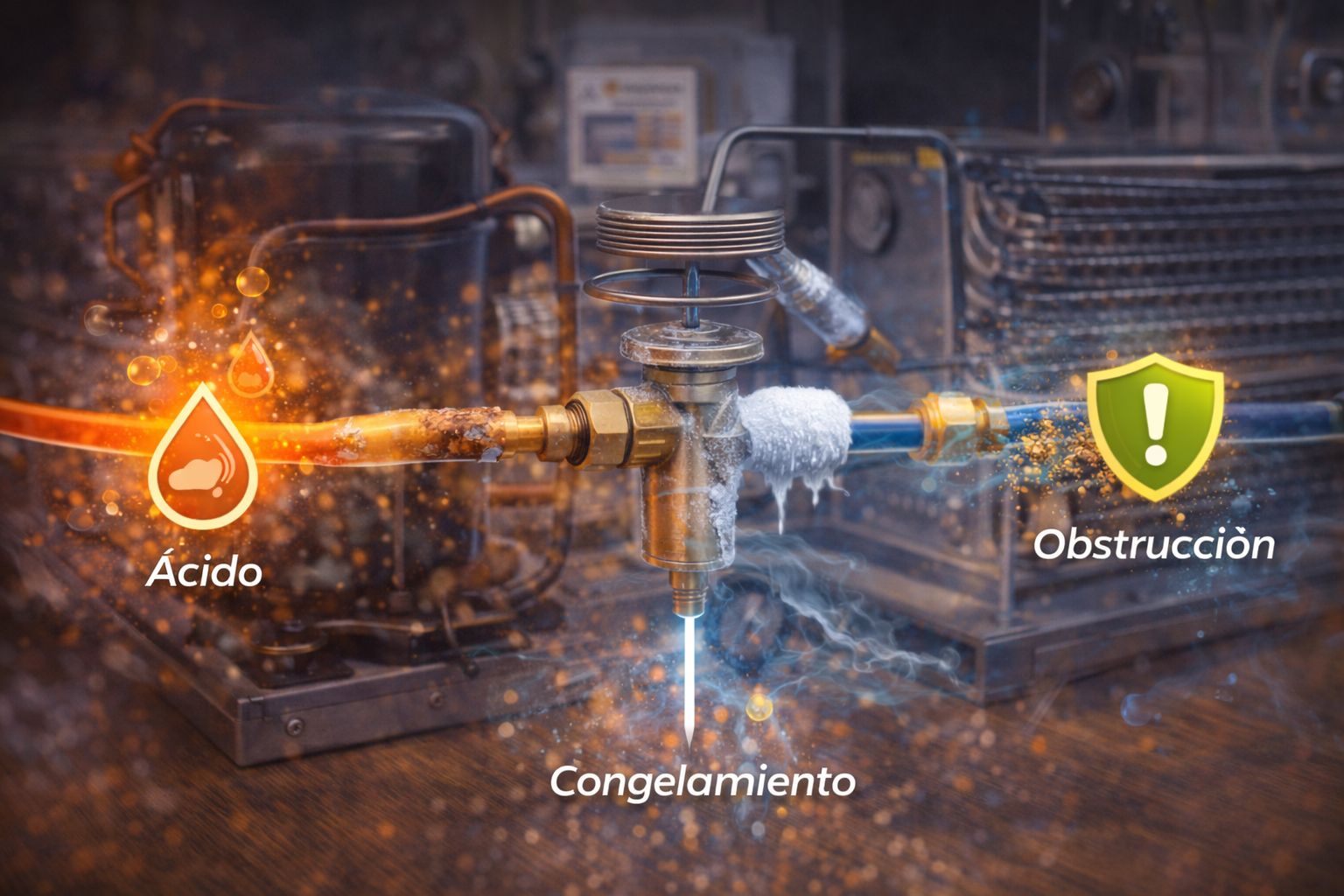 Ilustración de fallas en un sistema de refrigeración por presencia de humedad, ácidos y obstrucciones, mostrando por qué el filtro deshidratador es esencial para proteger válvulas, tuberías y compresor en sistemas HVAC.