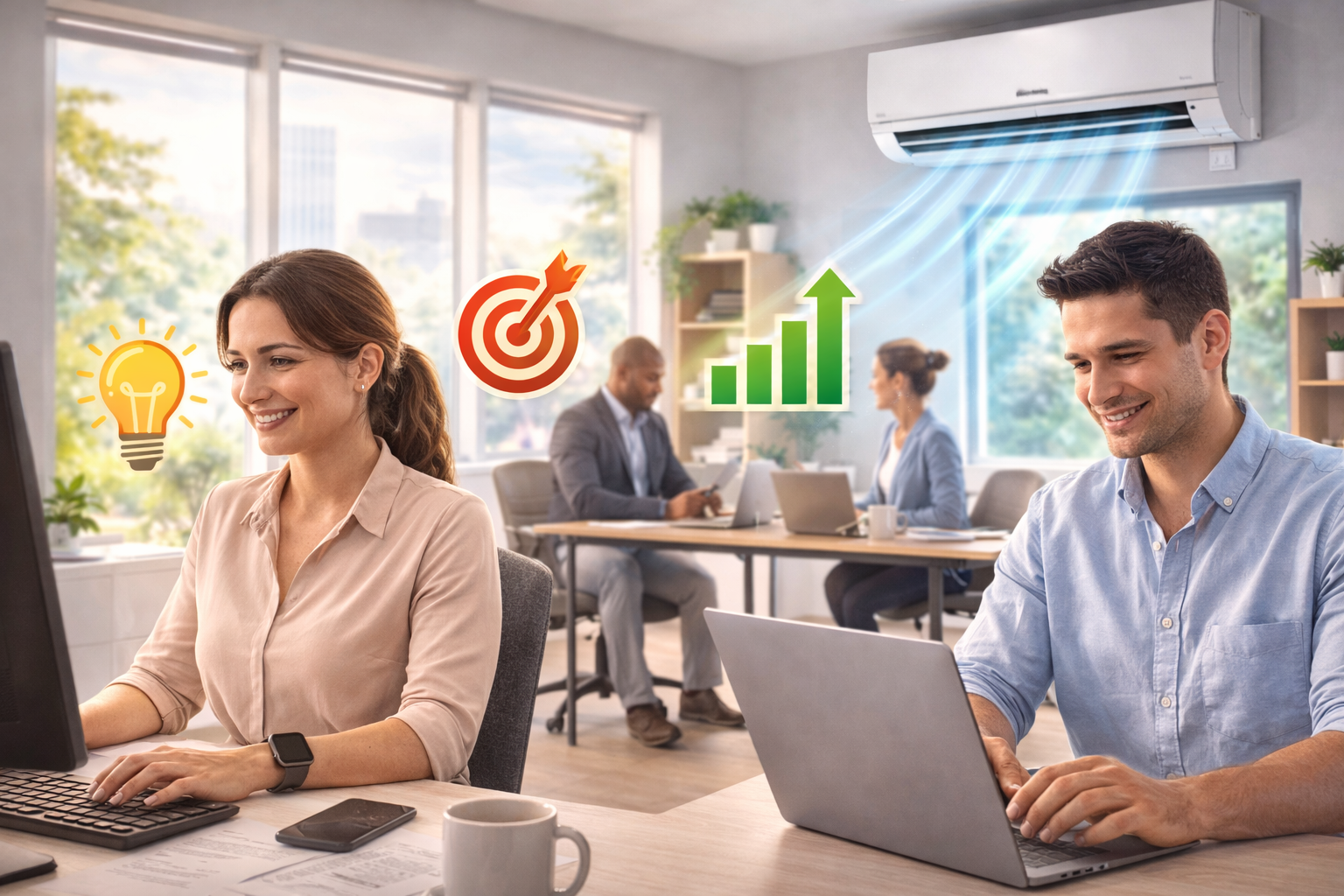 Oficina moderna con sistema de aire acondicionado funcionando, empleados trabajando cómodamente en un ambiente fresco, representando cómo la climatización mejora la productividad y el rendimiento laboral.