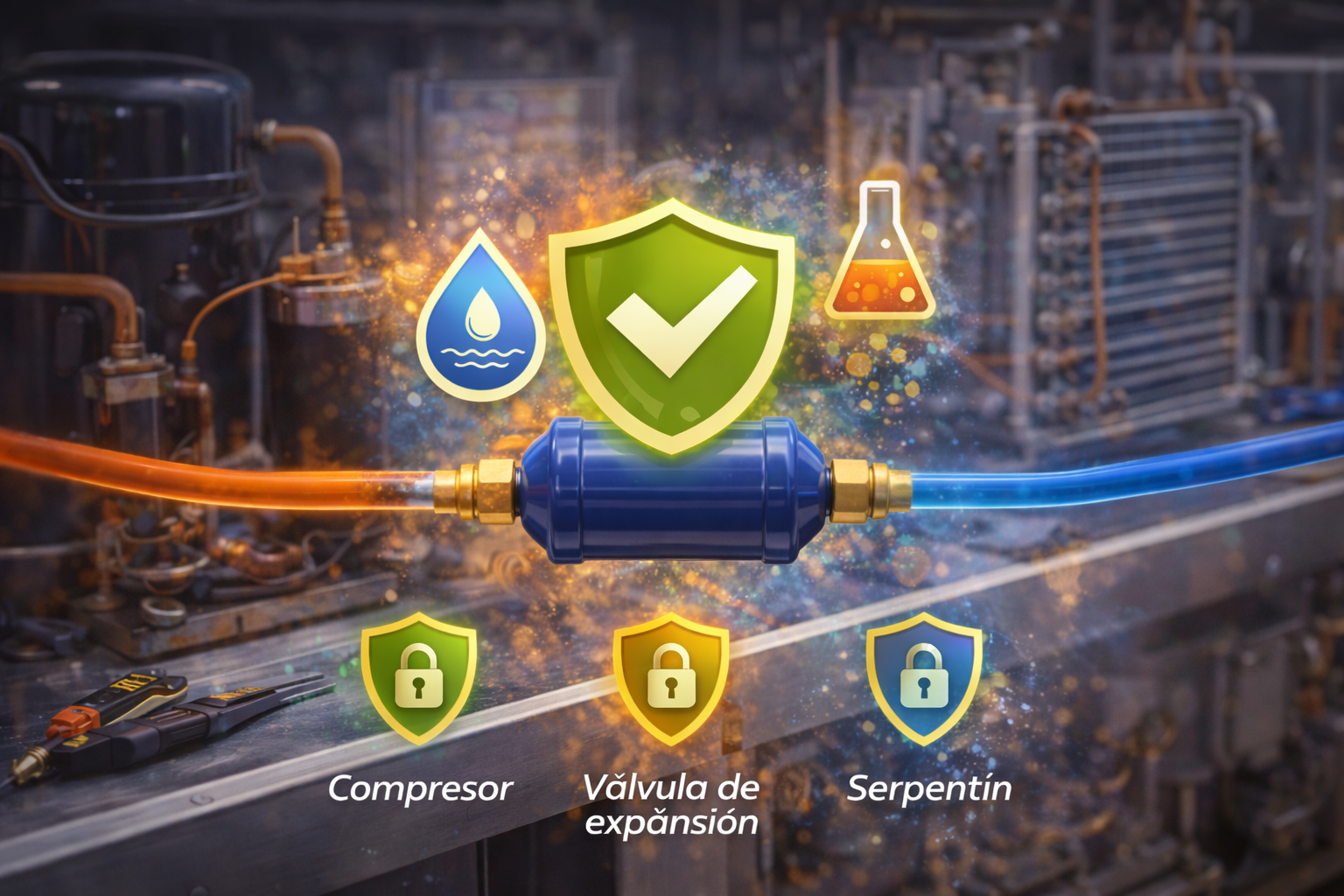 Filtro deshidratador instalado en el circuito de refrigeración protegiendo compresor, válvula de expansión y serpentín contra humedad, ácidos y contaminantes, mostrando su importancia para la seguridad y eficiencia del sistema HVAC.