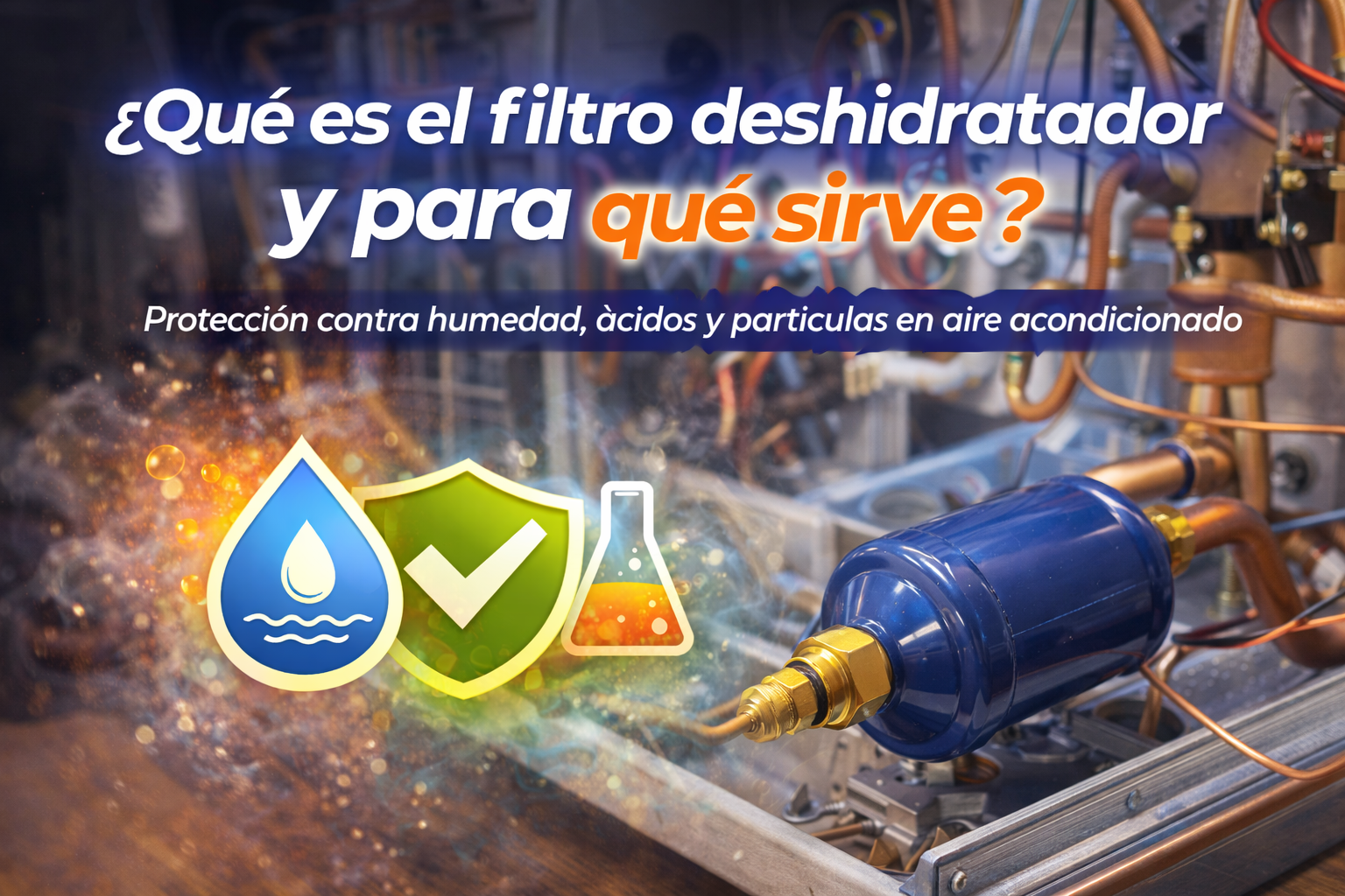 Filtro deshidratador instalado en un sistema de aire acondicionado.