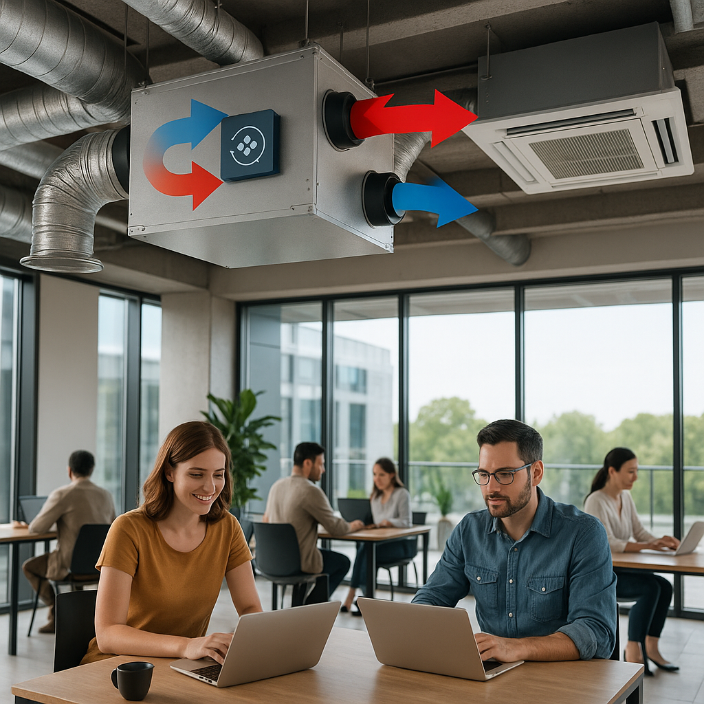 Espacio interior moderno con vista al sistema HVAC y un recuperador de calor en operación.