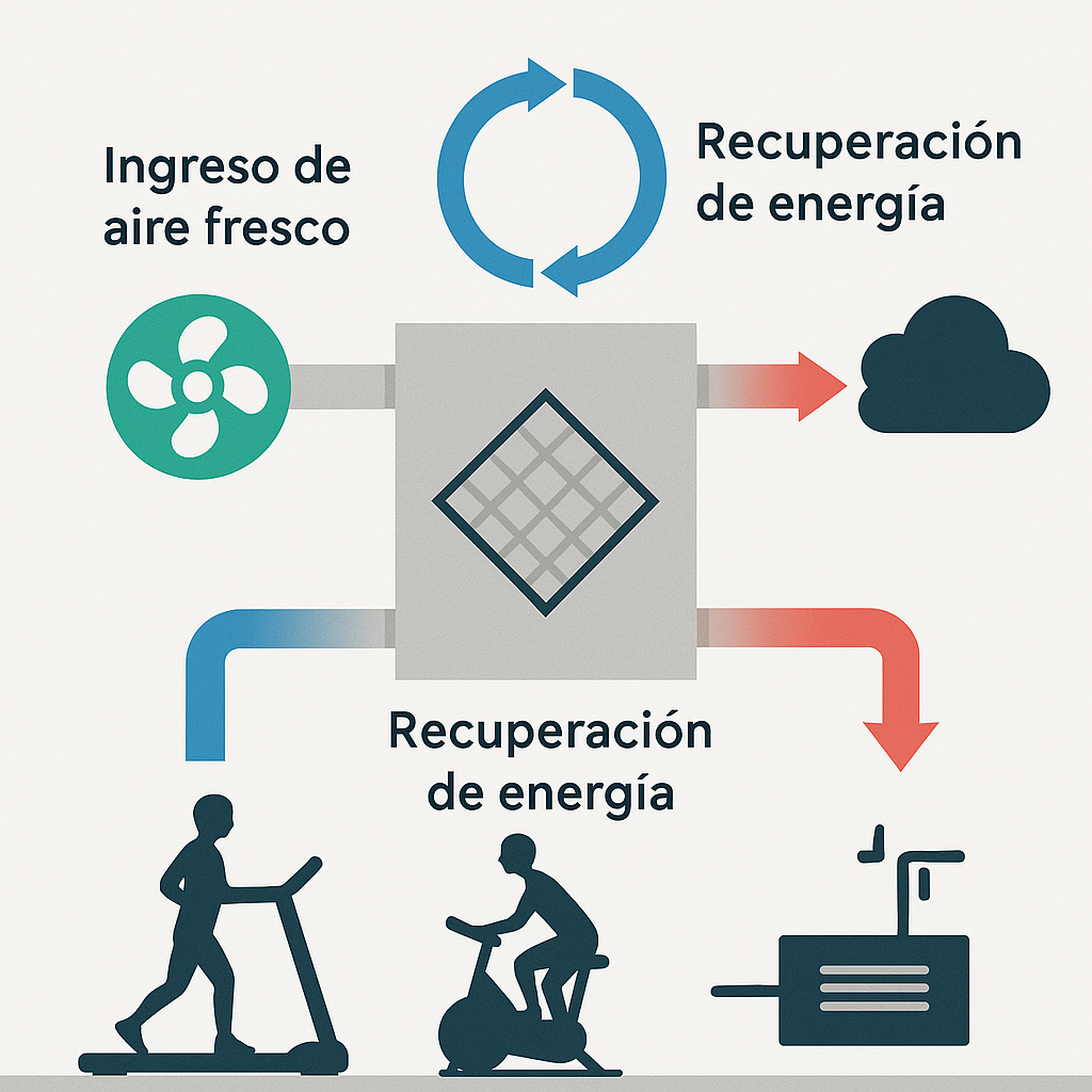Sistema ERV mostrando ingreso de aire fresco, salida de aire viciado y recuperación de energía.