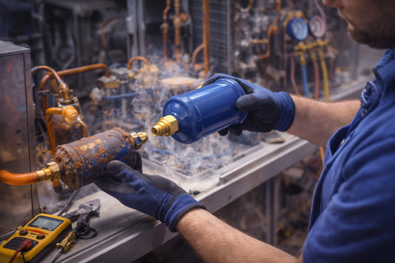 Técnico HVAC sustituyendo un filtro deshidratador deteriorado por uno nuevo dentro de un sistema de refrigeración, mostrando la importancia del mantenimiento preventivo para proteger el compresor y mantener la eficiencia del aire acondicionado.
