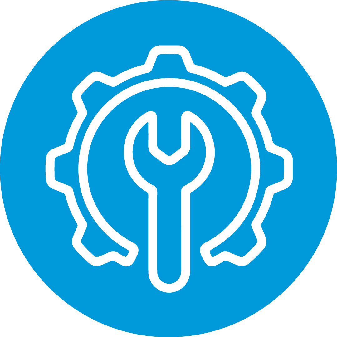 Una llave inglesa está dentro de un engranaje en un círculo azul.