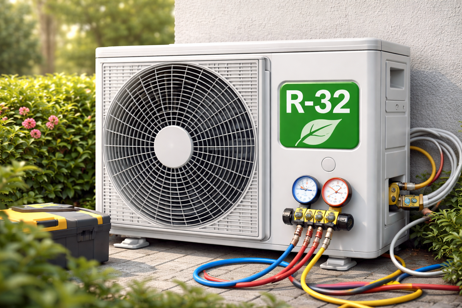 Unidad exterior de aire acondicionado utilizando refrigerante R-32, con herramientas HVAC