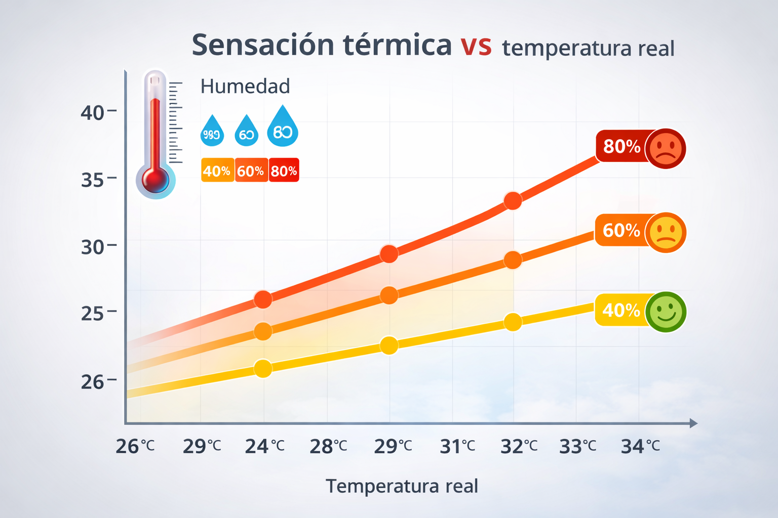 Gráfico comparativo que muestra cómo la sensación térmica aumenta conforme se incrementa la humedad relativa, incluso cuando la temperatura real permanece igual, ilustrando el impacto del índice de calor en el confort térmico.