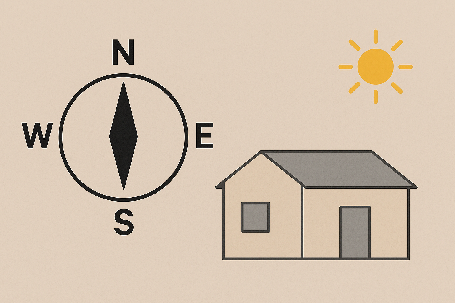 Ilustración de una casa con puntos cardinales y sol, mostrando cómo la orientación del edificio