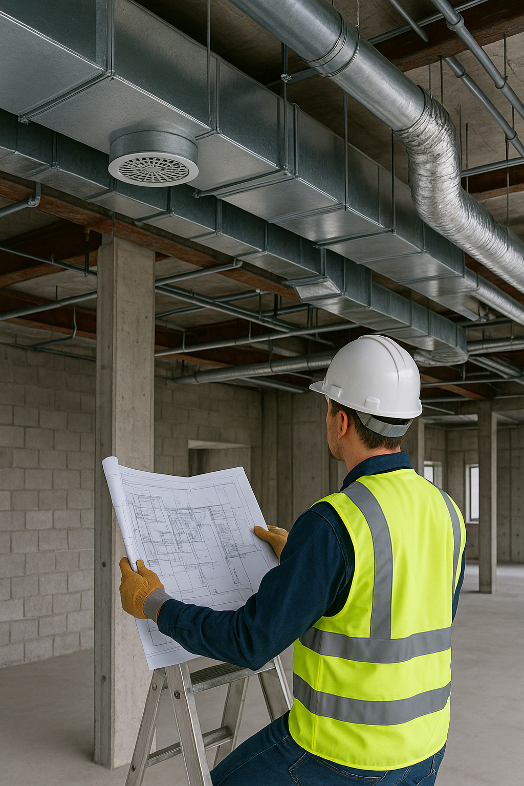 Ingeniero revisando planos de ductería HVAC en obra industrial, con conductos metálicos expuestos y sistema de ventilación en proceso de instalación.