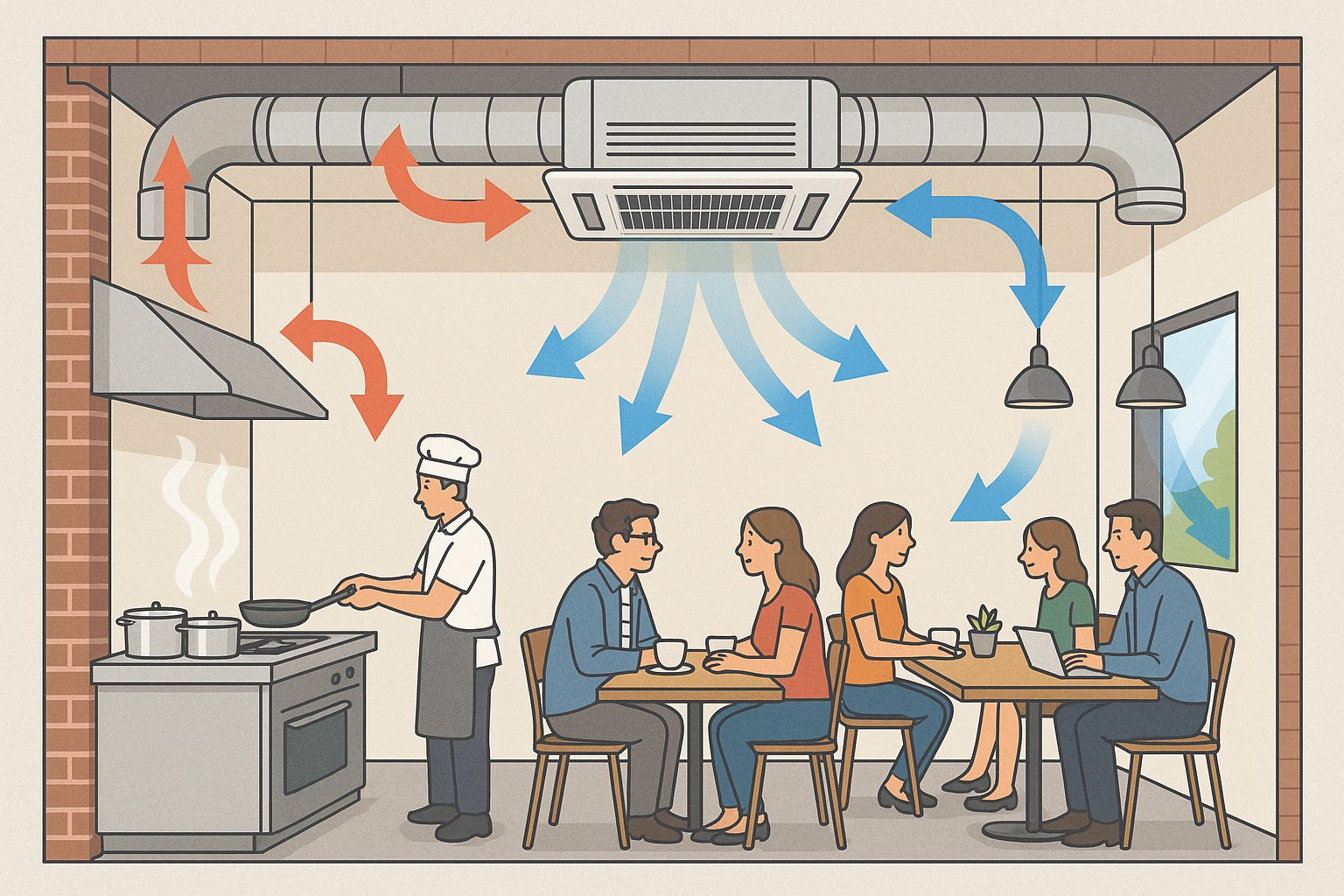 Corte esquemático del sistema HVAC en una cafetería: cocina, comedor y flujo de aire.