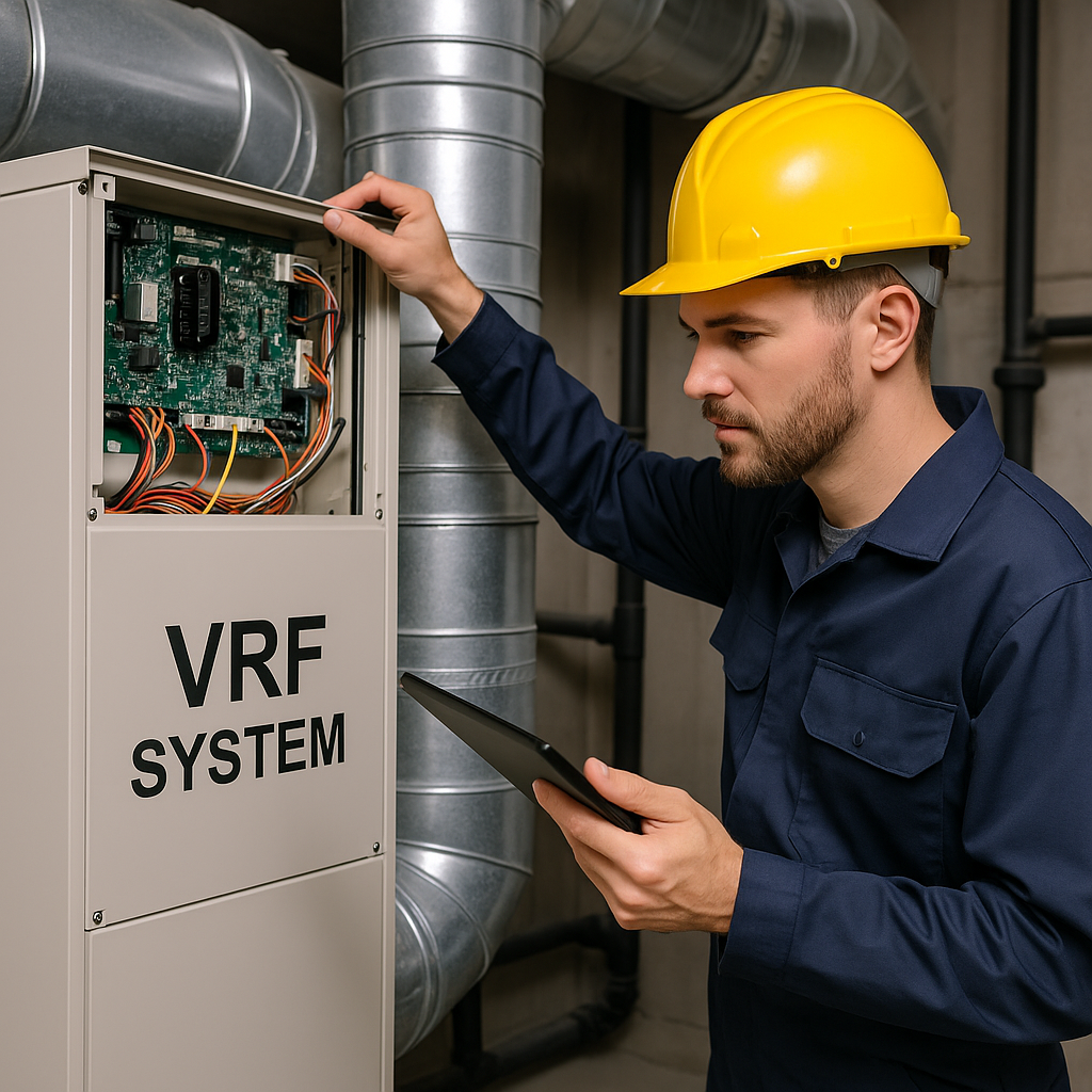 Técnico revisando sistema VRF en cuarto técnico de torre médica.