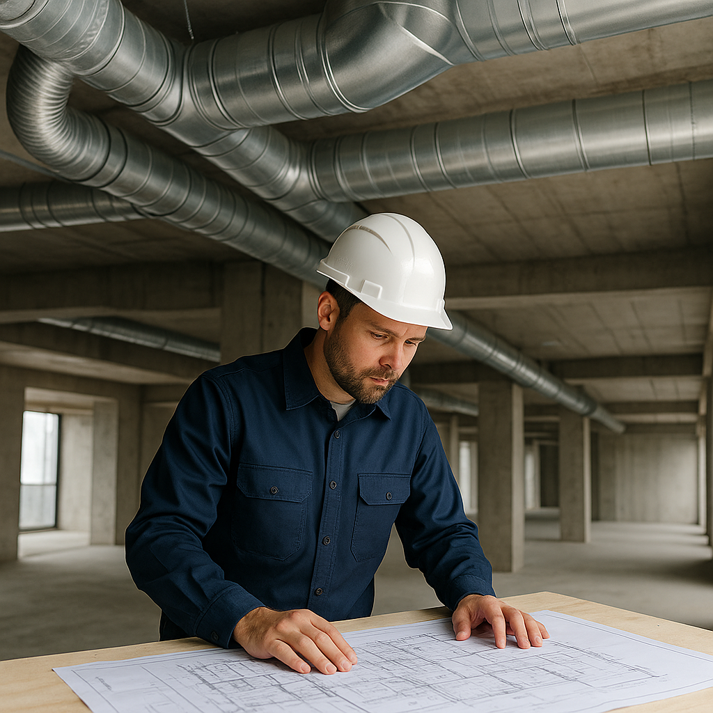 Técnico revisando planos de un sistema de ductos en una obra.