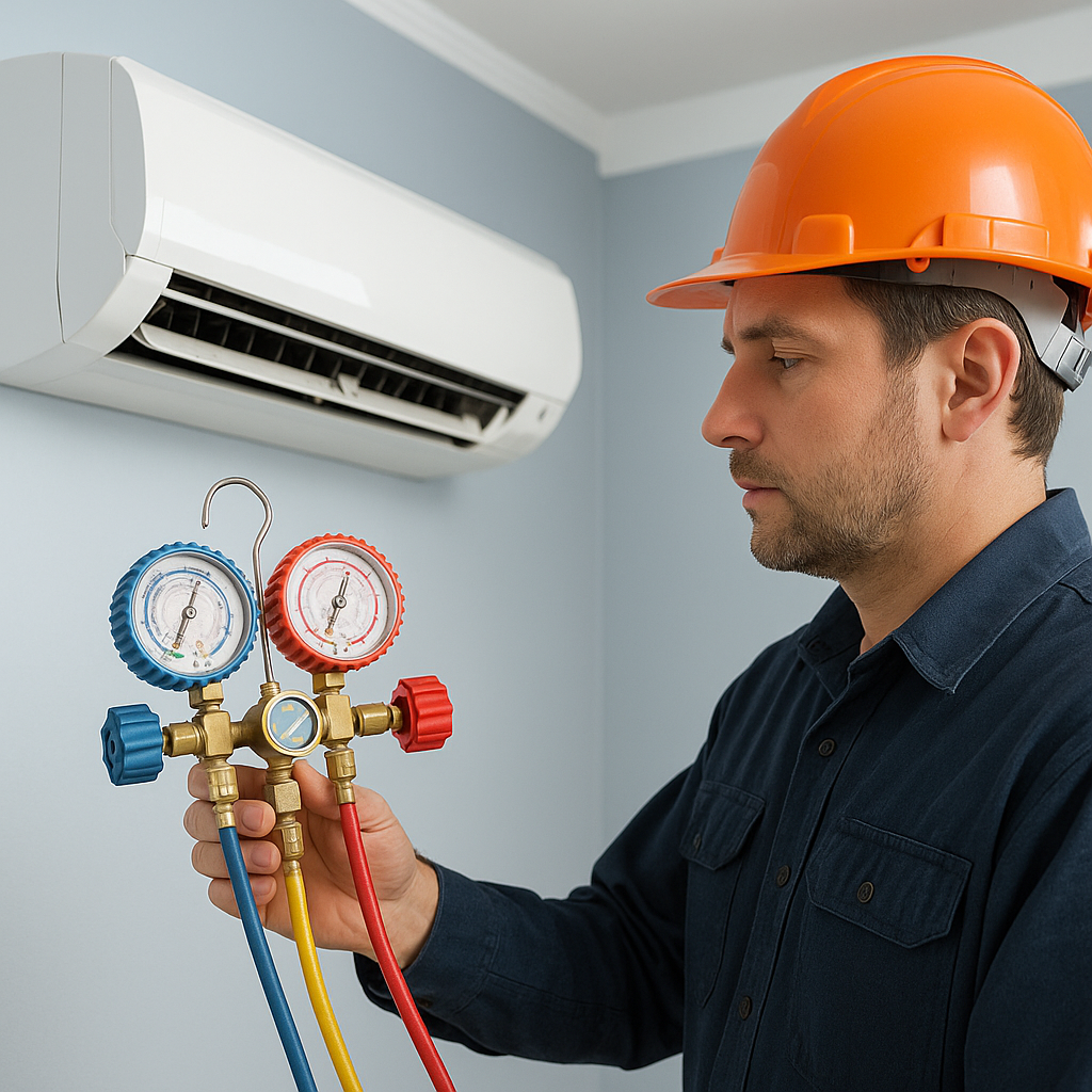 Técnico midiendo presión de gas refrigerante en equipo recién instalado.