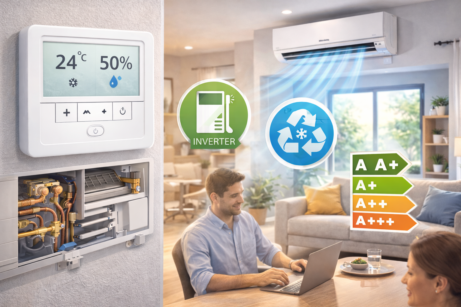 Sistema de aire acondicionado inverter con control digital de temperatura y humedad en una sala moderna, representando eficiencia energética, bajo consumo eléctrico y climatización responsable.