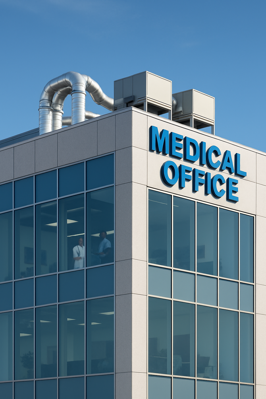  Fachada moderna de torre de consultorios médicos con sensación de confort y tecnología.